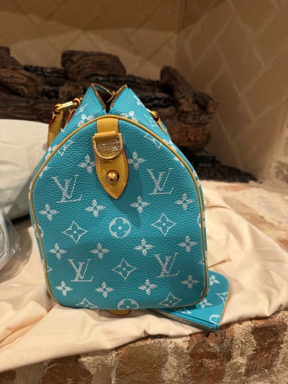 Turquoise Monogram Speedy-Style Tote with Tan Trim and wallet - Picture 4 of 5